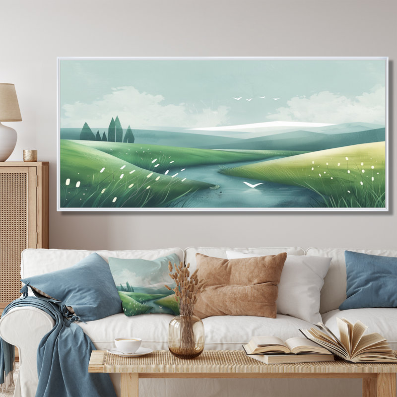 «Green Grey Pond Meadows In Tuscany I», reproduction d'art de ferme murale, Cadre flottant blanc, 34" H x 44" W