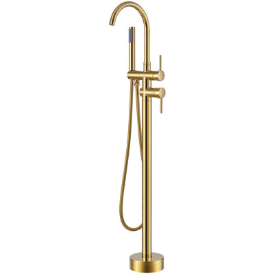 Double Handle Floor Mounted Freestanding Tub Filler Faucet with Handshower