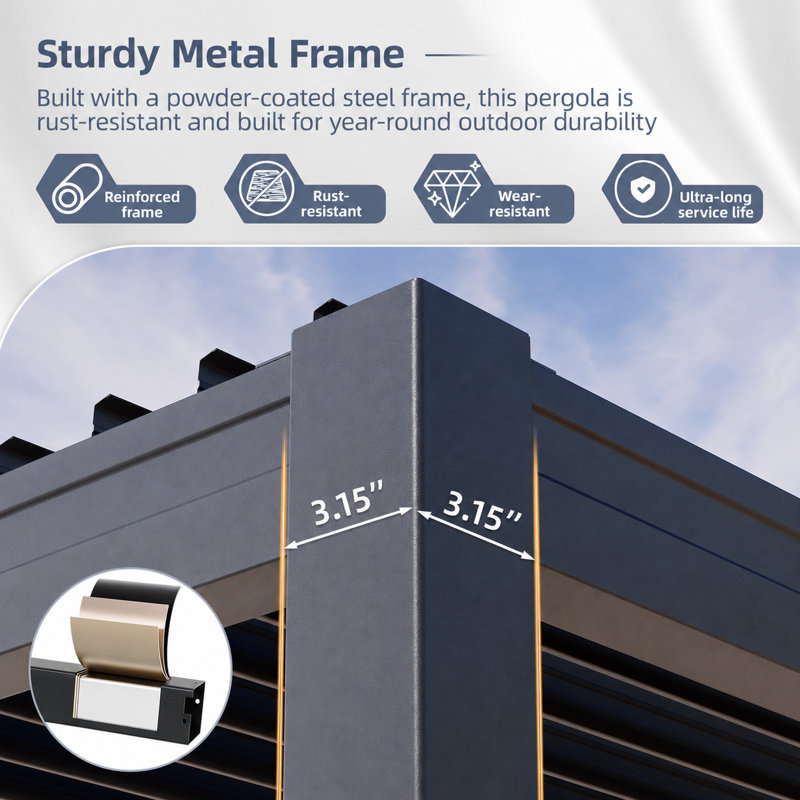 12 ft. W x 10 ft. D Heavy-Duty Outdoor Metal Pergola, All-Steel Construction with Adjustable Dual-Zone Louvered Roof, No