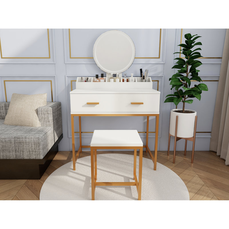 Ensemble de coiffeuse avec miroir, tabouret et tiroirs de rangement Elegant
