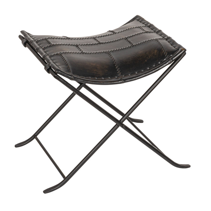 Collapsible Leather and Metal Stool, Charcoal, Charcoal