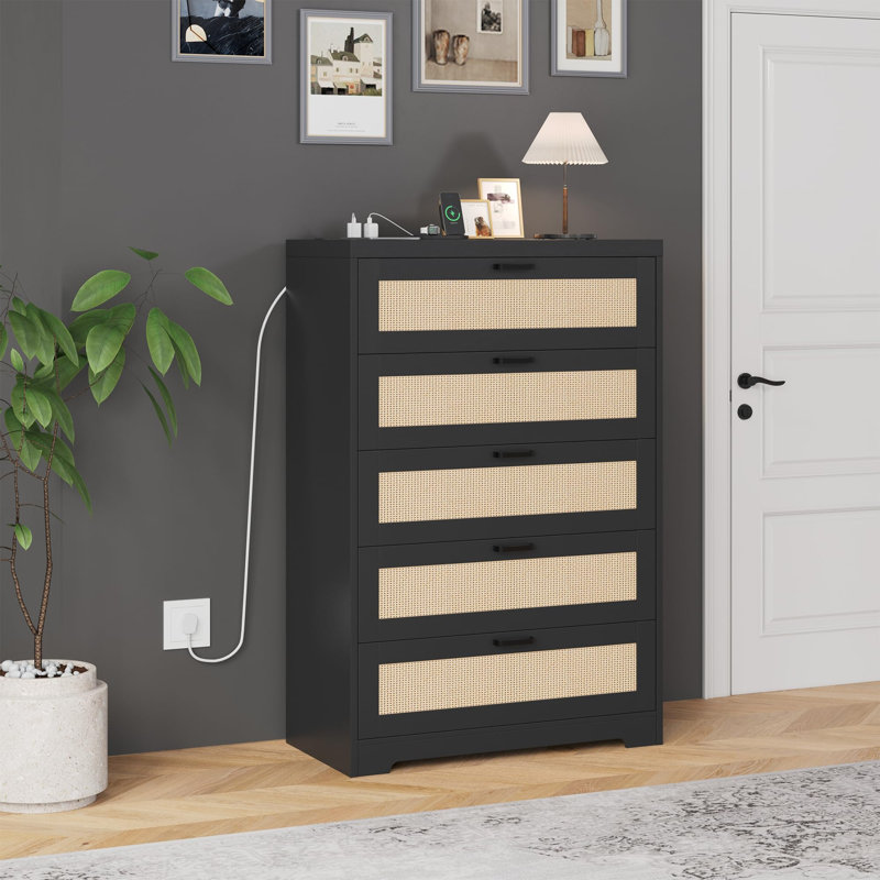 Commode haute pour chambre à coucher, commode en bois avec accents en rotin, commode de rangement verticale pour vestibule de salon