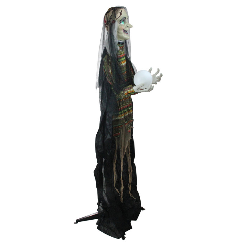 5.5' Pre-Lit Black and Green Standing Fortune Witch with Magic Ball Halloween Display