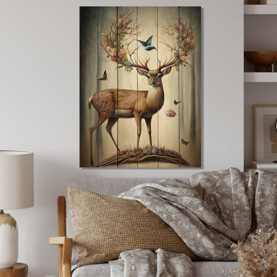 Skiatook deer avec des bois en floraison III - impression sans cadre sur bois