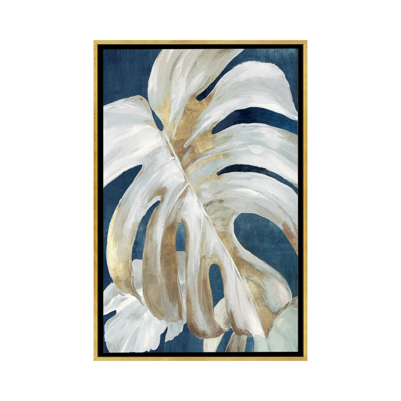 Monstera bleu - reproduction d'art murale - toile encadrée, H 26 po x l 18 po, Doré