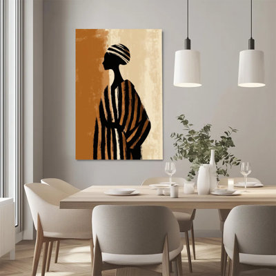 Art Deco Woman Silhouette in Striped Attire Profile View Canvas Wall Art - Gallery Wrap Canvas with Solid Wood Inner Frame, Ready to Hang