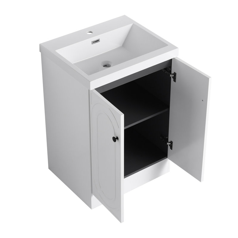 Meuble-lavabo autoportant avec lavabo en résine blanche et portes d'armoire à fermeture en douceur, Blanc, 23.6