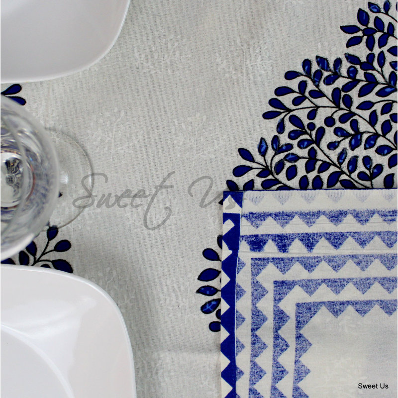 Floral 100% Cotton Tablecloth, Blue White