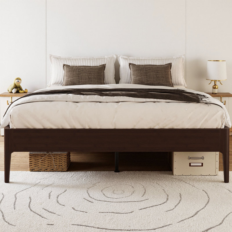 Base de lit plateforme en bambou massif de 15 pouces de hauteur avec support en métal, base en lattes de bois minimaliste moderne, aucun sommier tapissier requis, sans bruit, assemblage facile