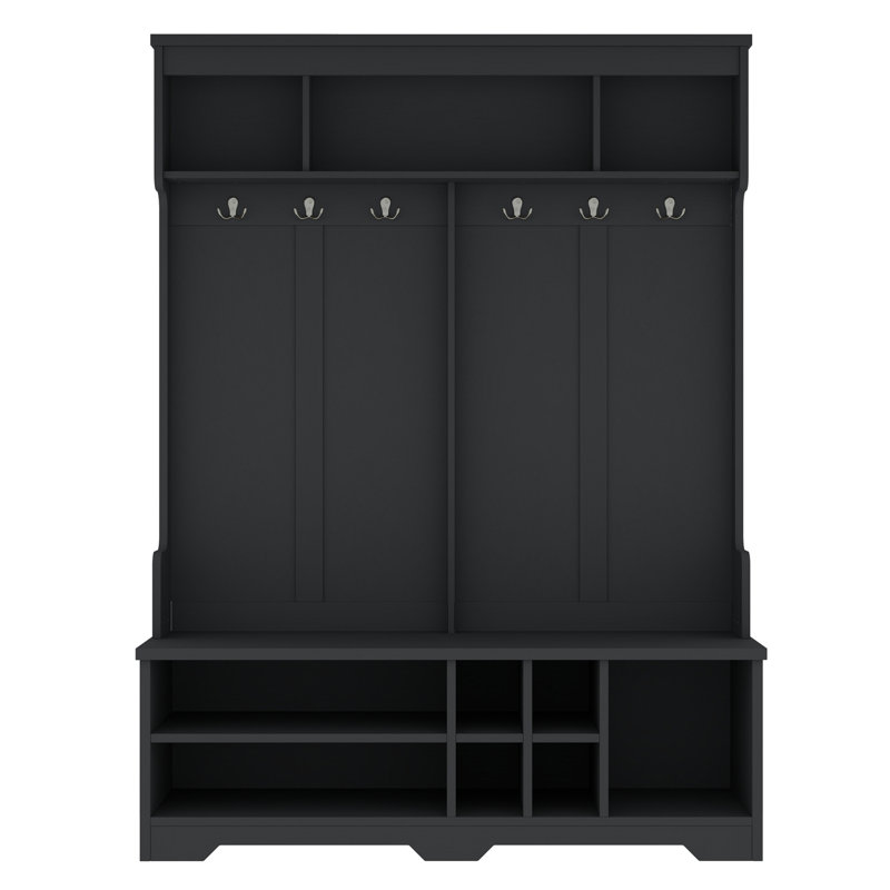 Modern Hallway Hall Tree with Metal Hooks and Storage Space, Multi-Functional Entryway Coat Rack with Shoe Cubbies, Black