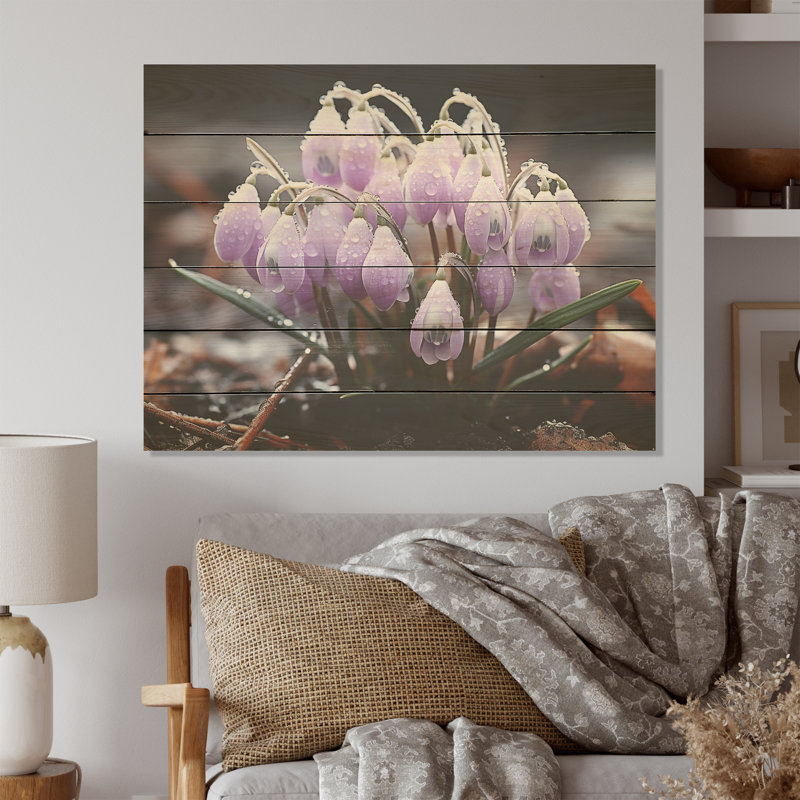 Lavande, neige enneigée, fleur d'hiver - Snowdrops, art sur bois de pin naturel, H 10 po x l 20 po