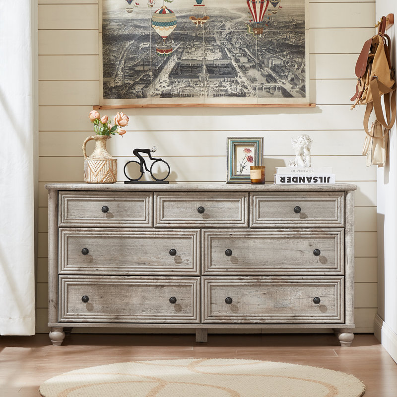 7 Drawers Dresser For Bedroom, Farmhouse 54" Wide Wood Dressers Chest Of Drawers, Vintage Design TV Stand, Rustic Storage Dresser Organizer With Metal Handle Closet For Living Room, Hallway