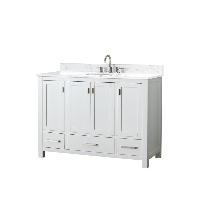 Meuble-lavabo simple 48 po avec plateau Souther, Marbre blanc de Cala, Blanc, Nickel brossé