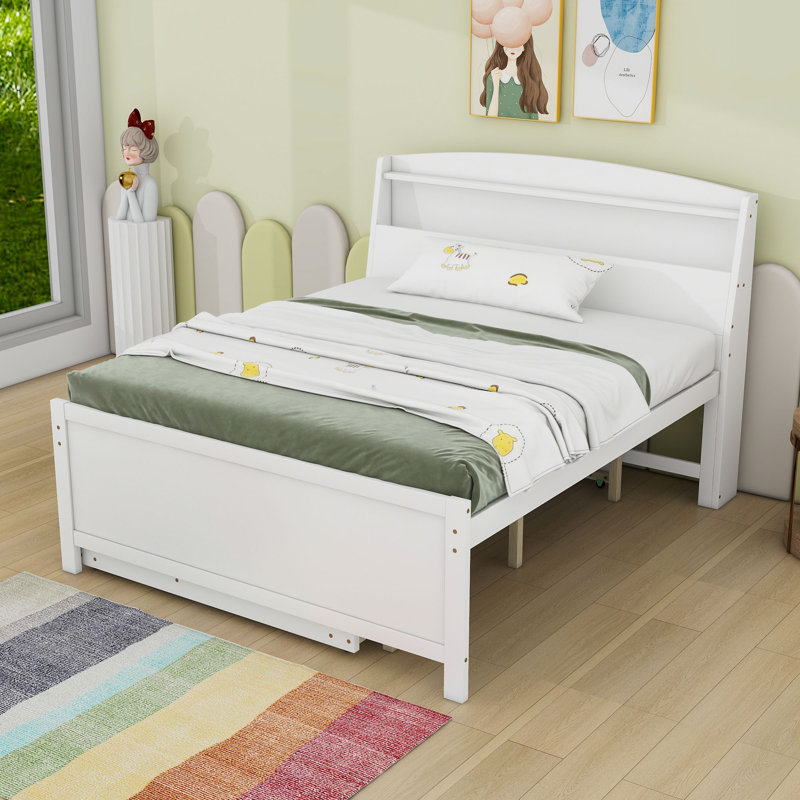 Lit plateforme en bois avec tête de lit à DEL, tiroirs et lit gigogne simple, Complète
