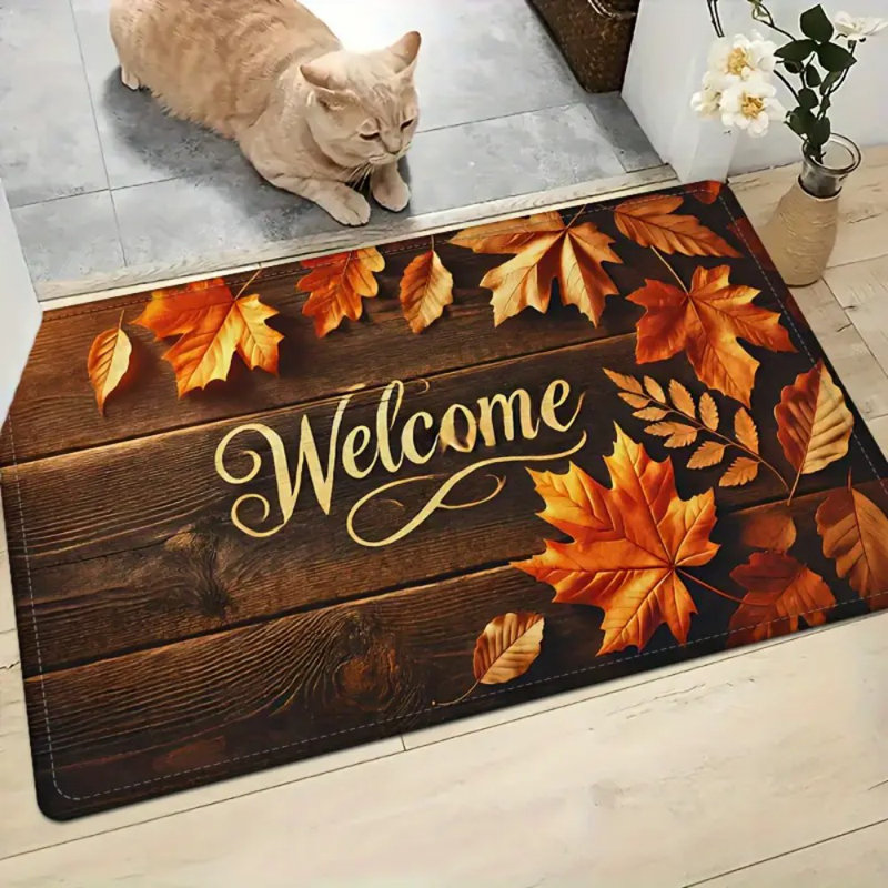 1Pc Welcome Autumn Leaves Doormat - Heavy-Duty Rubber Backing, Low-Pile Texture, Warm Brown/Orange/Black Fall Colors, Machine Washable Indoor/Outdoor Entry Mat For Front Door, Kitchen, Bathroom（20*31 Inches)