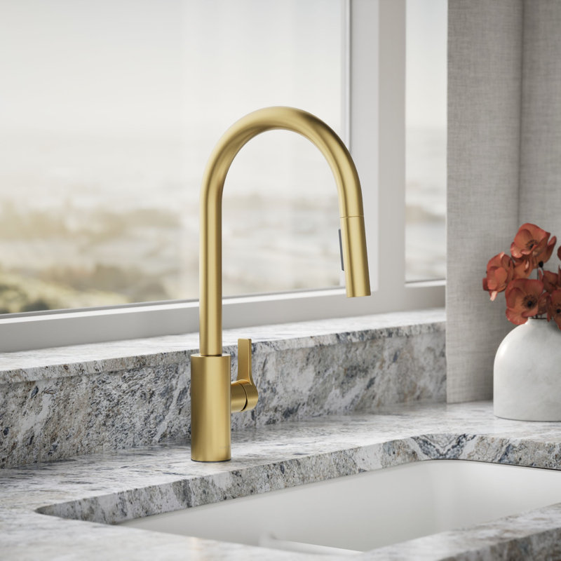 Robinet d'évier de cuisine rétractable avec douchette à deux fonctions Elate, Brushed Brass