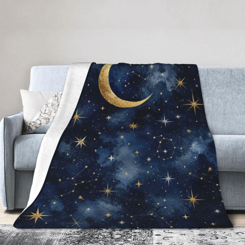 Couverture dorée en flanelle ultra douce Golden Moon and Stars Night Sky, 60" L x 50" W