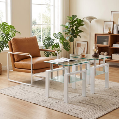 Ensemble de tables de bout carrées en verre avec tablette de rangement