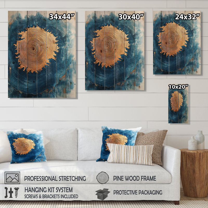 Gold Blue Aqua Wood Slice Reverie II - Tree Wood Wall Decor - On Natural Pine Wood, 32" H x 24" W x 0.78" D