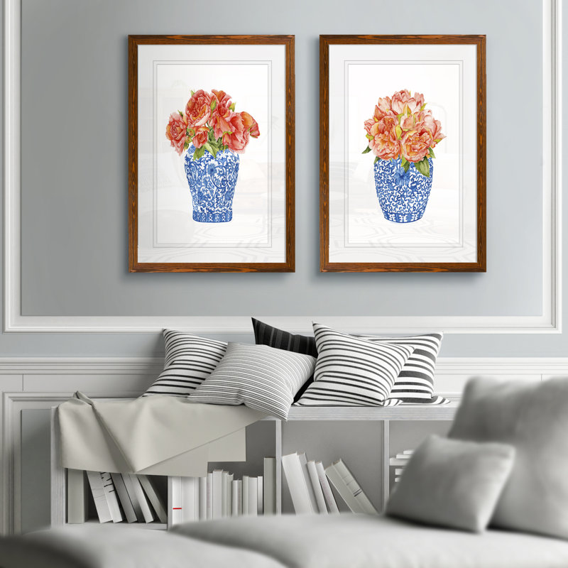 " Sweet Peonies I " by Vincent Van Gogh 2 - Pieces, 20" H x 16" W, Framed Print with Mat, Espresso