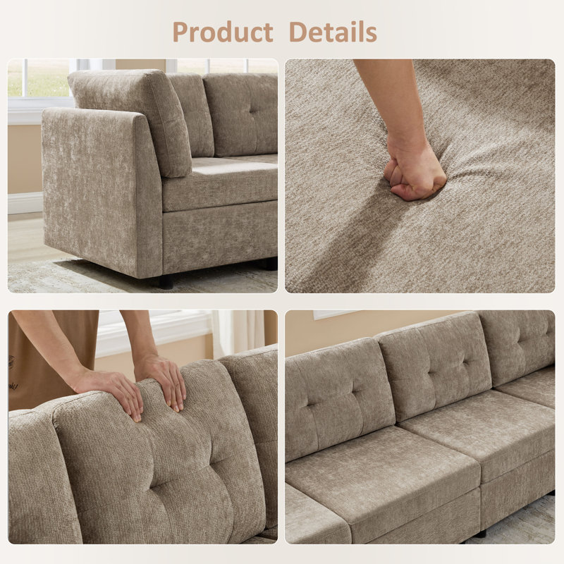 Chenille Upholstered Sectional Sofa Couch With Ottoman, Camel Polyester