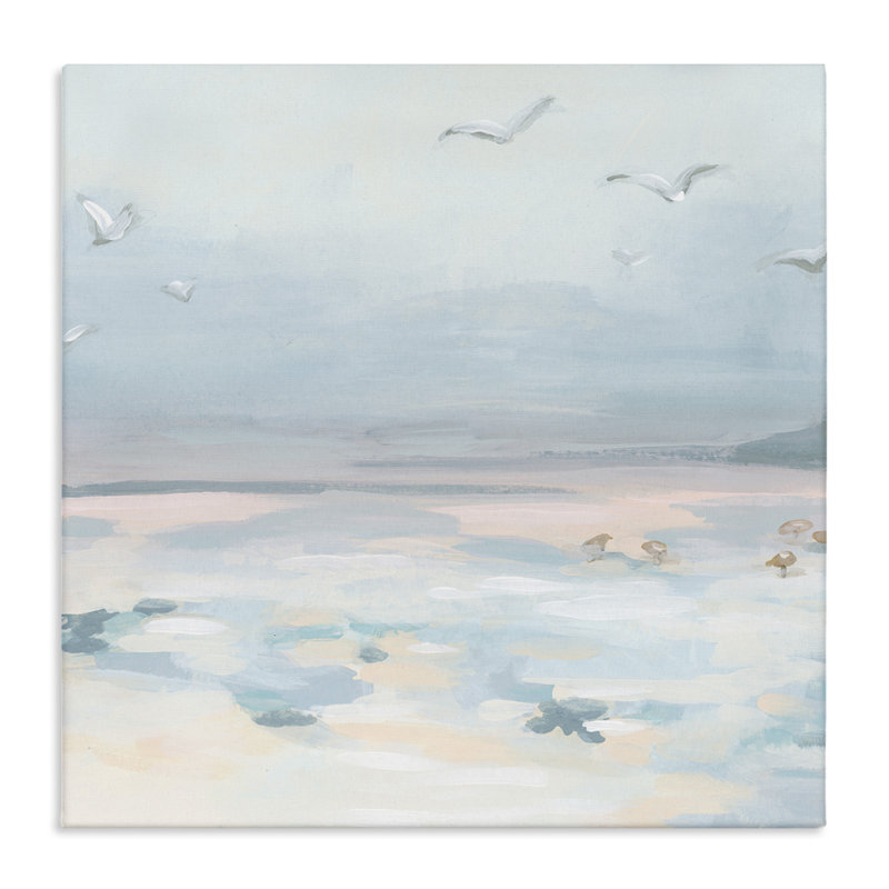 Pastel Coastal Landscape Canvas Print with Seagulls, 17" x 17"