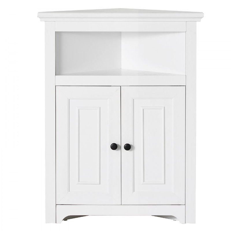 33" H x 23.5" W Corner Storage Cabinet, 3 Tiers Small Storage Cabinet with 2 Wooden Doors & Adjustable Shelves, Freestanding Corner Kitchen Cabinet White
