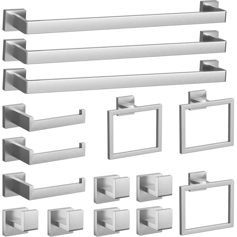 Ensemble de quincaillerie de salle de bain 15 pièces en nickel brossé - barre à serviettes 23,6 po, anneaux à serviettes, porte-papier et crochets