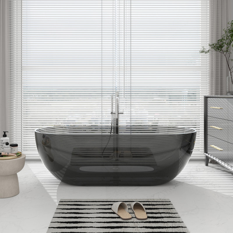 69'' x 29'' Freestanding Soaking Solid Surface Bathtub, Transparent Gray