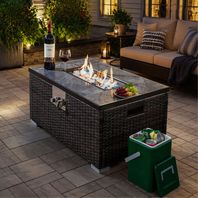 Foyer de table rectangulaire au propane 32 pouces avec plateau en tuile, brûleur à gaz 50 000 BTU avec base en osier, finition brune pour patio et jardin