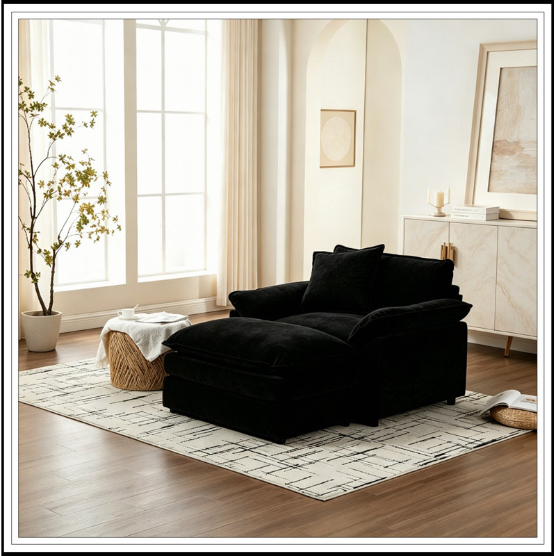 Modern Upholstered Armchair with Ottoman, Black