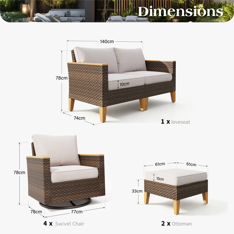 Argyri Outdoor Wicker Patio Conversation Furniture Set With Swivel Chairs And Firepit Table, No