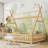 Twin House Bed with Light, Low Floor House Bed with Fence and Roof for Kids ,Natural-1360794175-1371455577