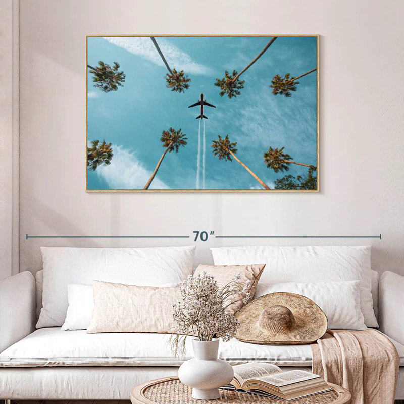 Avion au-dessus de palmiers, Cadre flottant en bois naturel, 46 po x 31 po