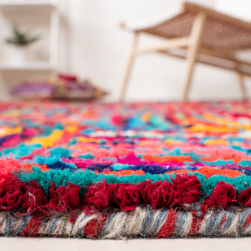 Tapis rouge / bleu en coton touffeté à la main Anaheim, Rond 4 pi