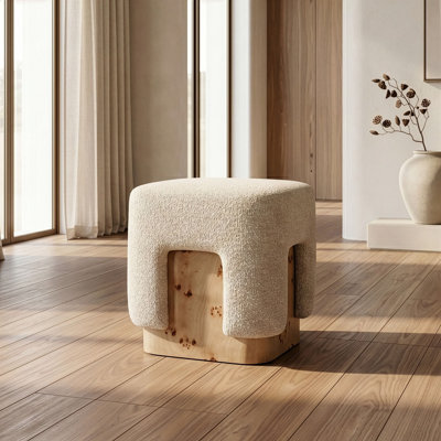 Contemporary Beige Fabric + Burl Square Ottoman