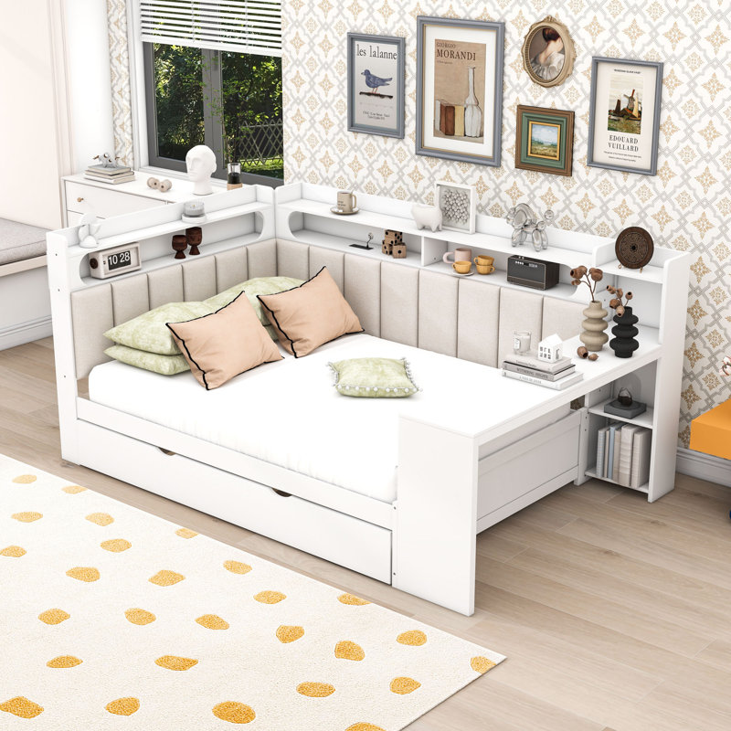 Full Wood Daybed with Trundle, LED Light, Charging Station and Desk, White/Beige