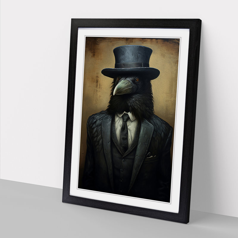 Crow In A Suit - Single Picture Frame Print on Wood, 64cm H x 46cm W x 2cm D, Black