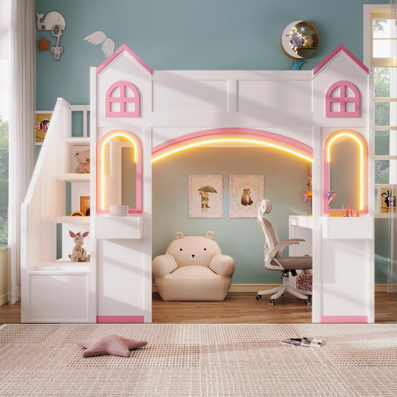 Full Size Wood Castle Loft Bed with Storage Staircase, Desk, Windows, Shelves and LED Light, White+Light Pink, White