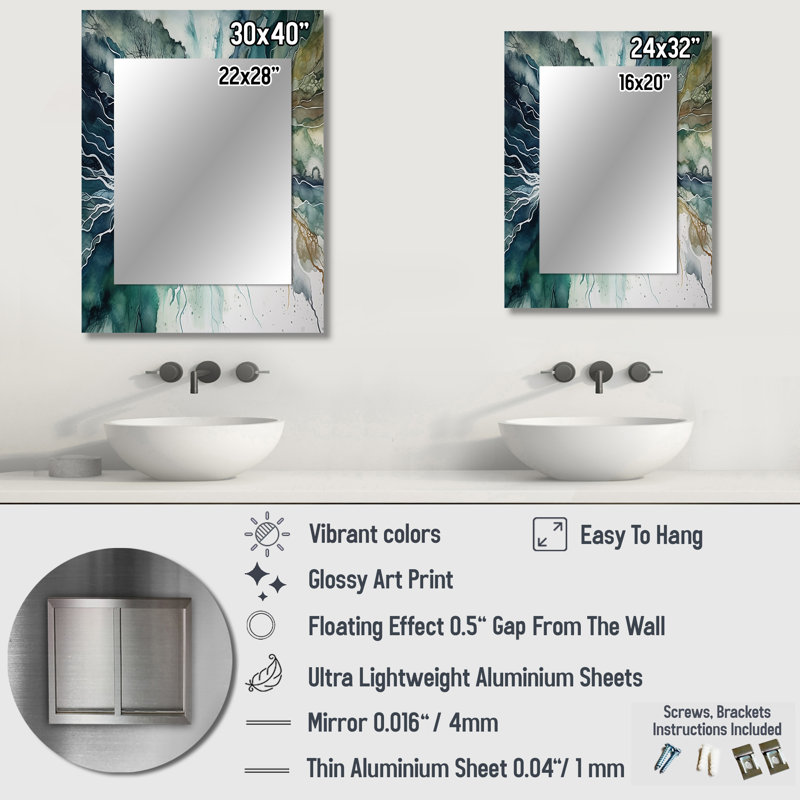 Green Blue Marbled Dreamscape II - Geometric Unique Wall Mirror, Modern Mirror, Printed Metal Art, 32" x 24"