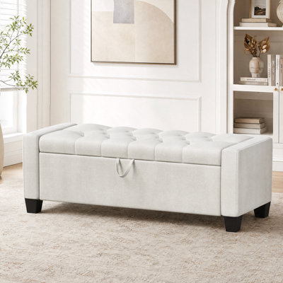 Storage ottoman bench with safety hinge, upholstered linen end of bed bench, tufted storage chest bench for bedroom and entryway, holds up to 330 lbs