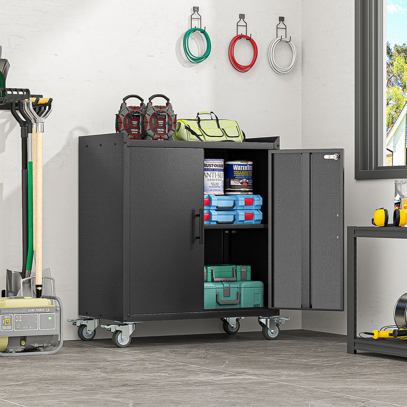 Metal Small 35.6" Garage Storage Cabinet with Locking Doors ,Rolling Wheels and Adjustable Shelves, 35.6"H, Black