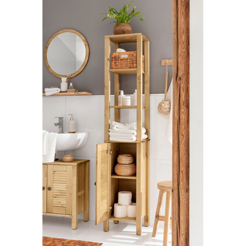 Ayanna Solid Wood Freestanding Tall Bathroom Cabinet, Brown
