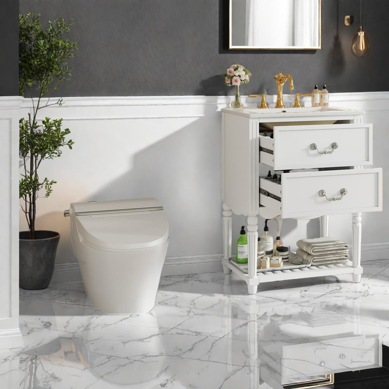 Meuble-lavabo rétro avec élégance, lavabo en céramique et armoire en bois massif