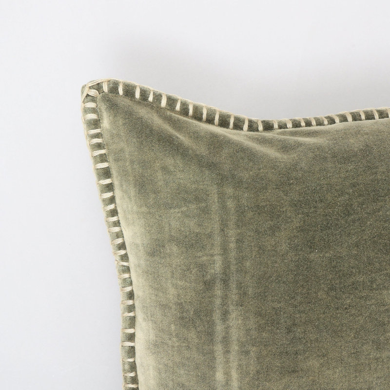 Throw Pillow | Stonewashed Cotton Velvet Throw Pillow with Decorative Handstitched Edges-18X18", Pickle