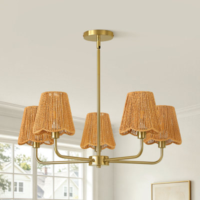 5-Light Modern Dimmable Chandelier With Rattan Shades