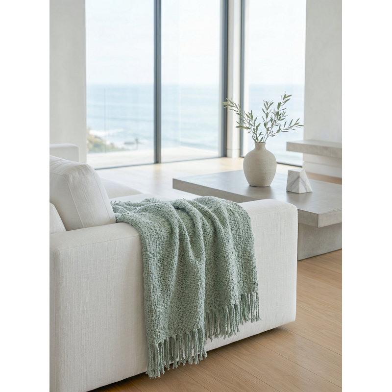 Breezy Blue Cozy Cotton Boucle Throw with Fringe, Aqua