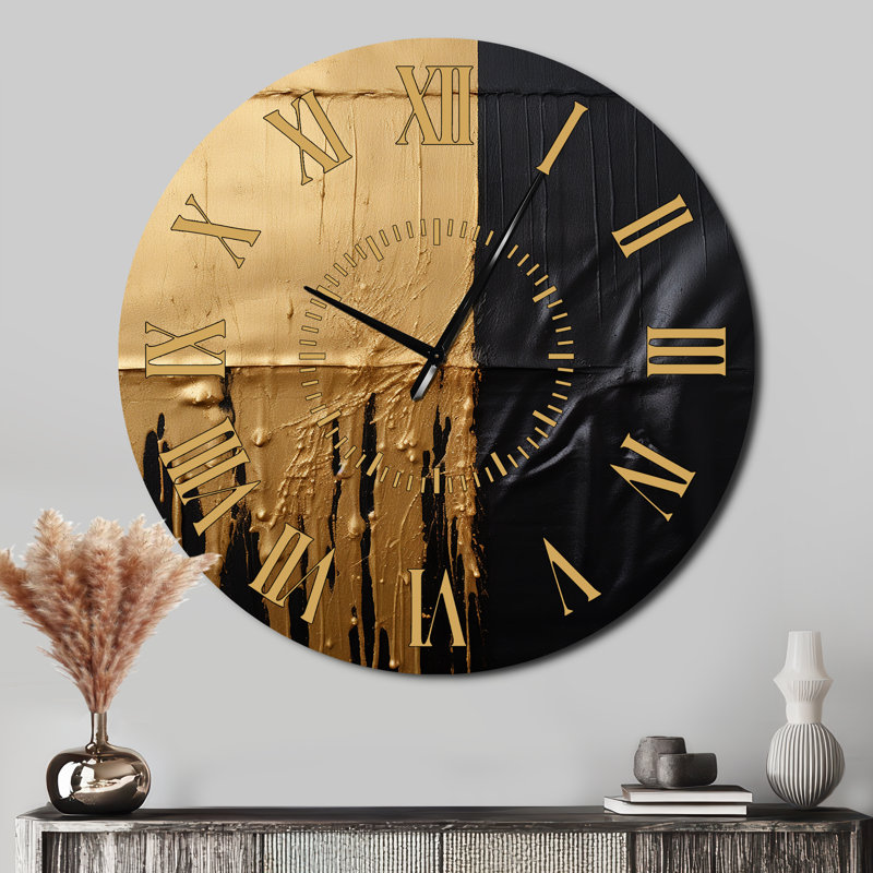 Essential Nature Abstract Gold And Black - Abstract Painting Golden Face Wall Clock, Oversized