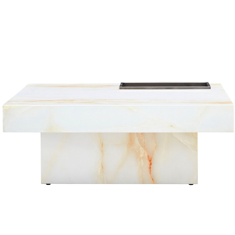 Table basse, 31,4 po x 31,4 po x 12 po, blanc perle, avec effet marbré moderne