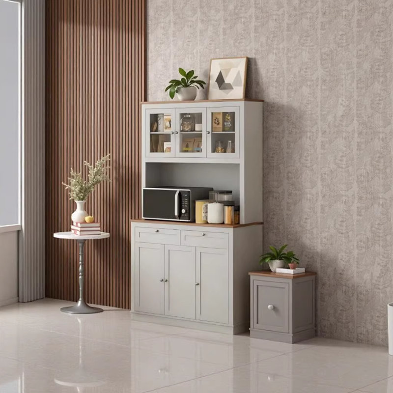 Élégant garde-manger de 70,9 po de hauteur avec support pour micro-ondes, tablettes réglables et tiroirs - Solution de rangement moderne en gris et chêne